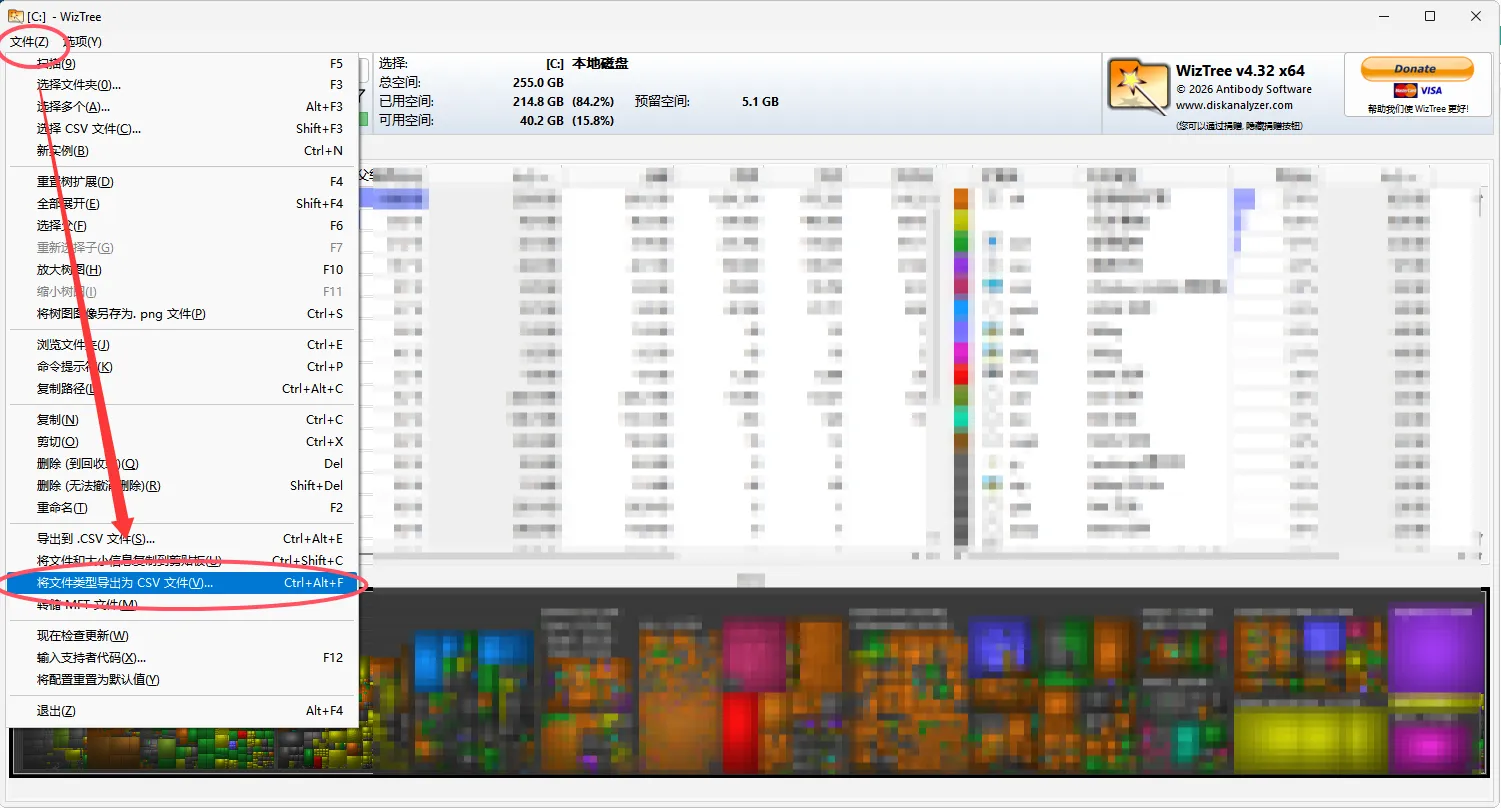 WizTree 文件菜单中的 CSV 导出入口